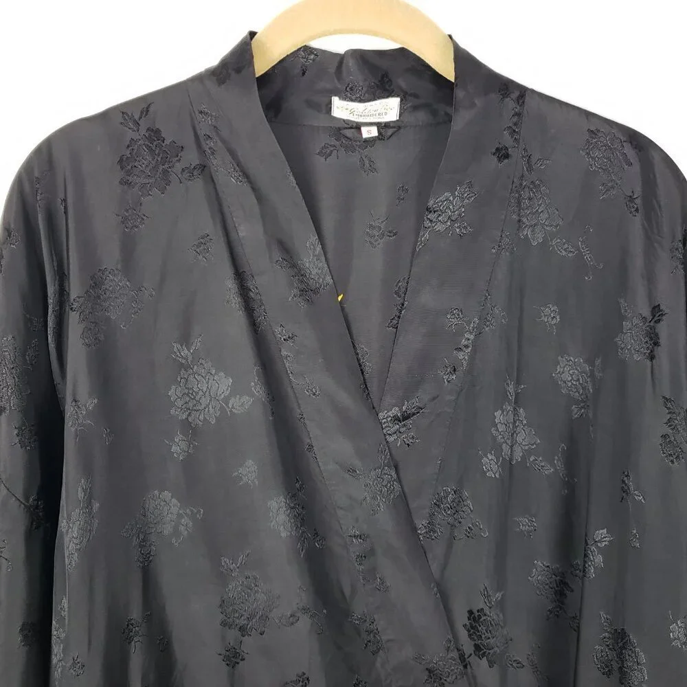 Golden Bee Vintage Black Silky Rayon Robe Kimono Embroidered Floral Bird Small